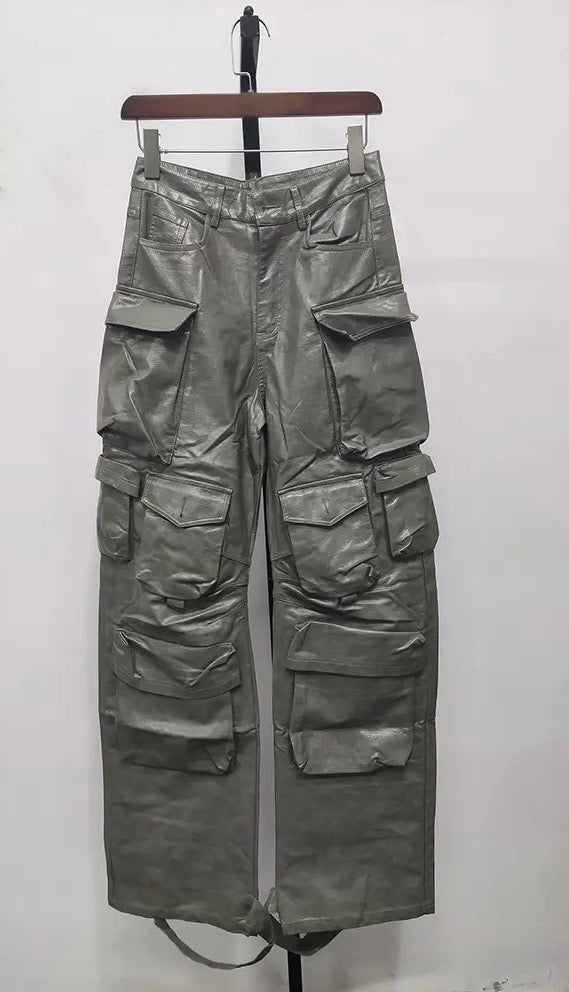 Sage Green Faux Leather Cargo Pants