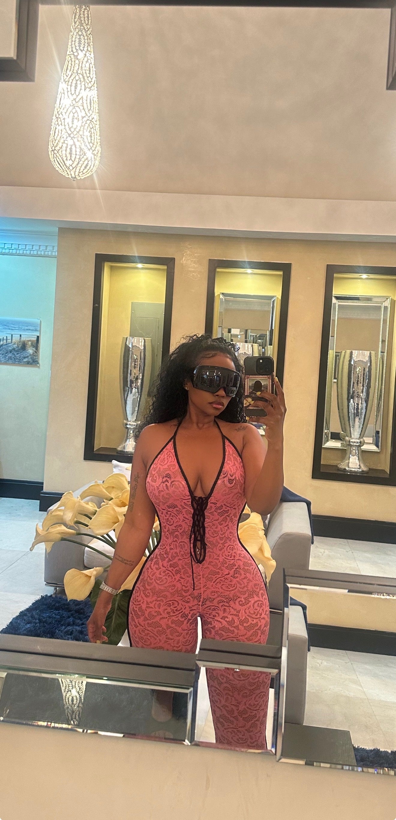 Pink Lace Halter Jumpsuit