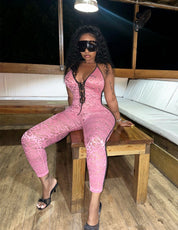 Pink Lace Halter Jumpsuit