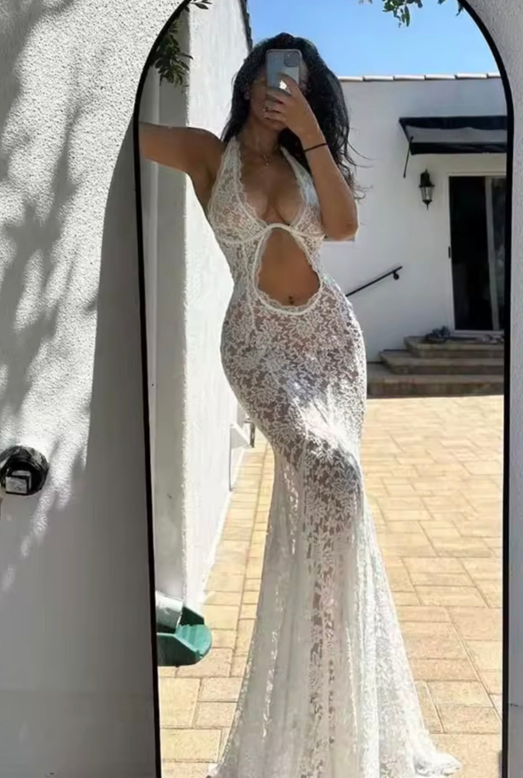 White Lace Halter Maxi Dress