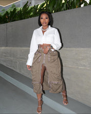 Zip Up Cargo Midi Skirt