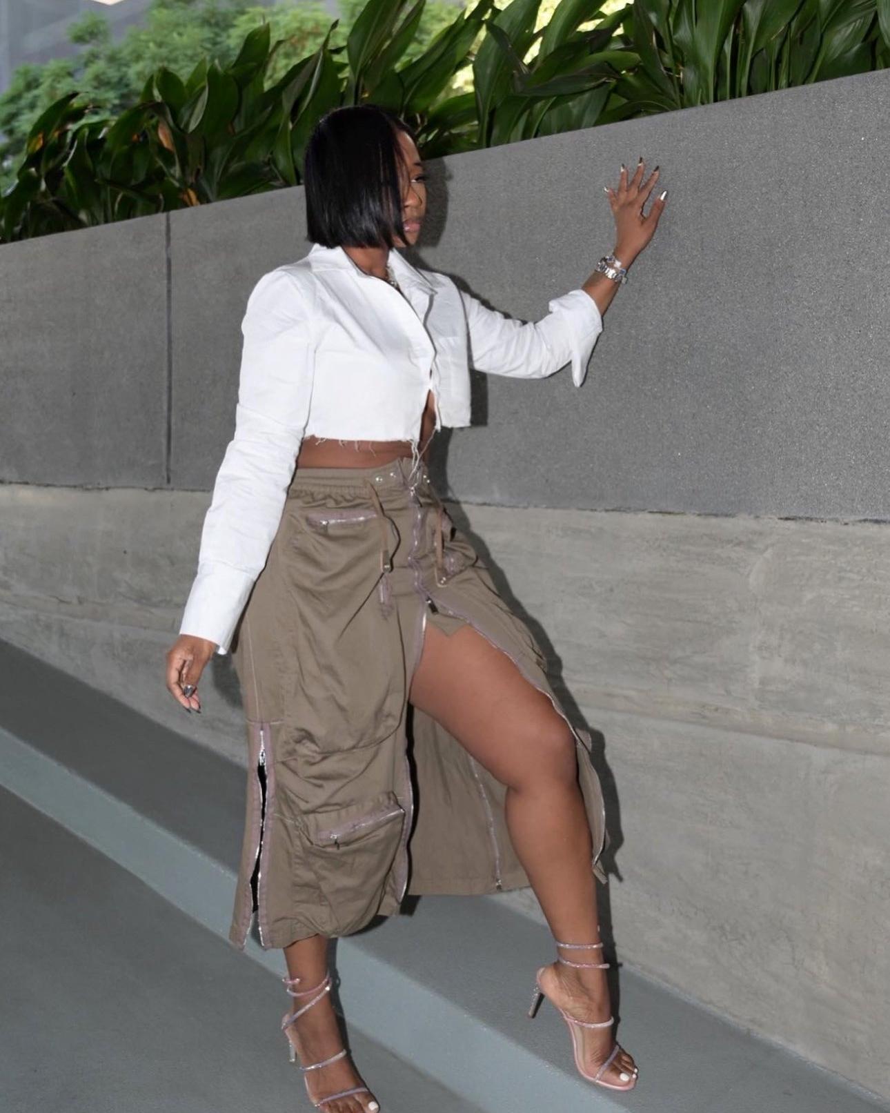 Zip Up Cargo Midi Skirt