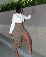 Zip Up Cargo Midi Skirt