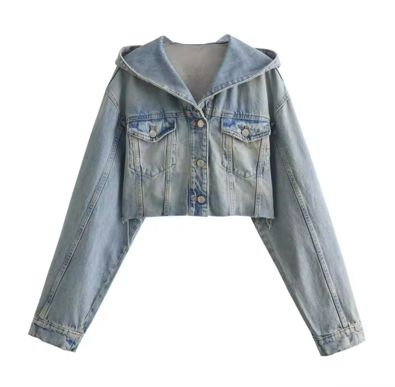 Light Denim Cropped Hooded Jacket