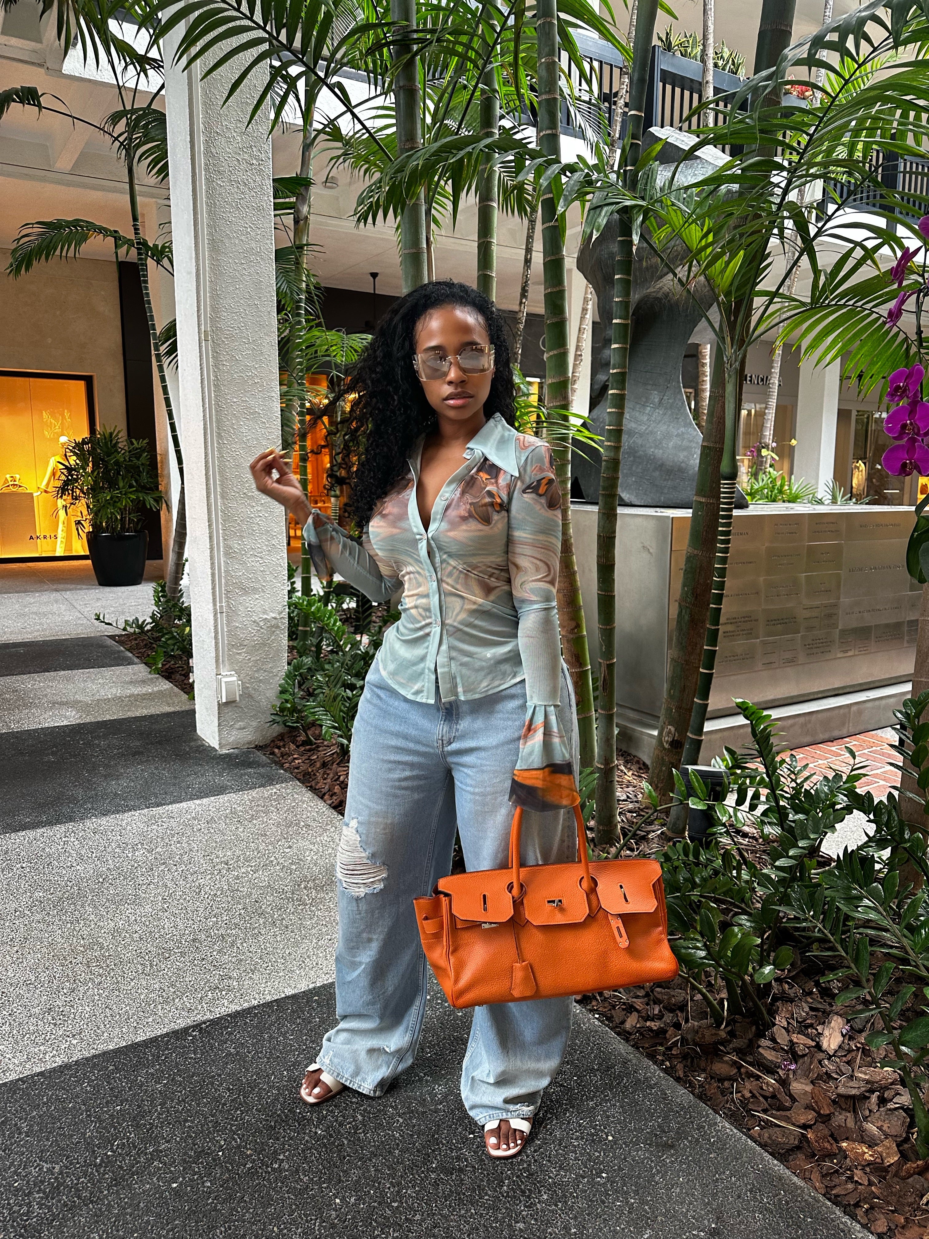 Baby Blue Printed Mesh Blouse