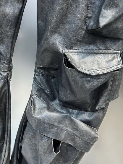 Vintage Wash Faux Leather Cargo Pants