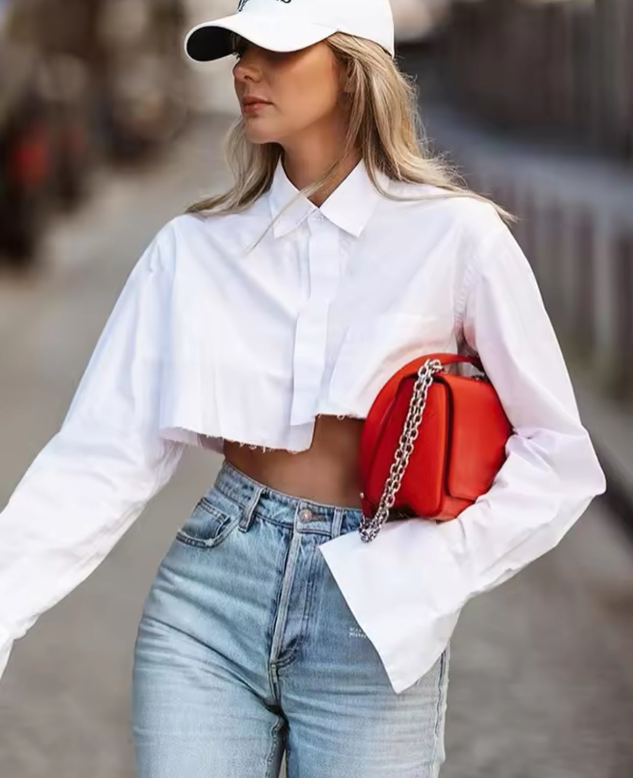 White Collar Cropped Button Down Top