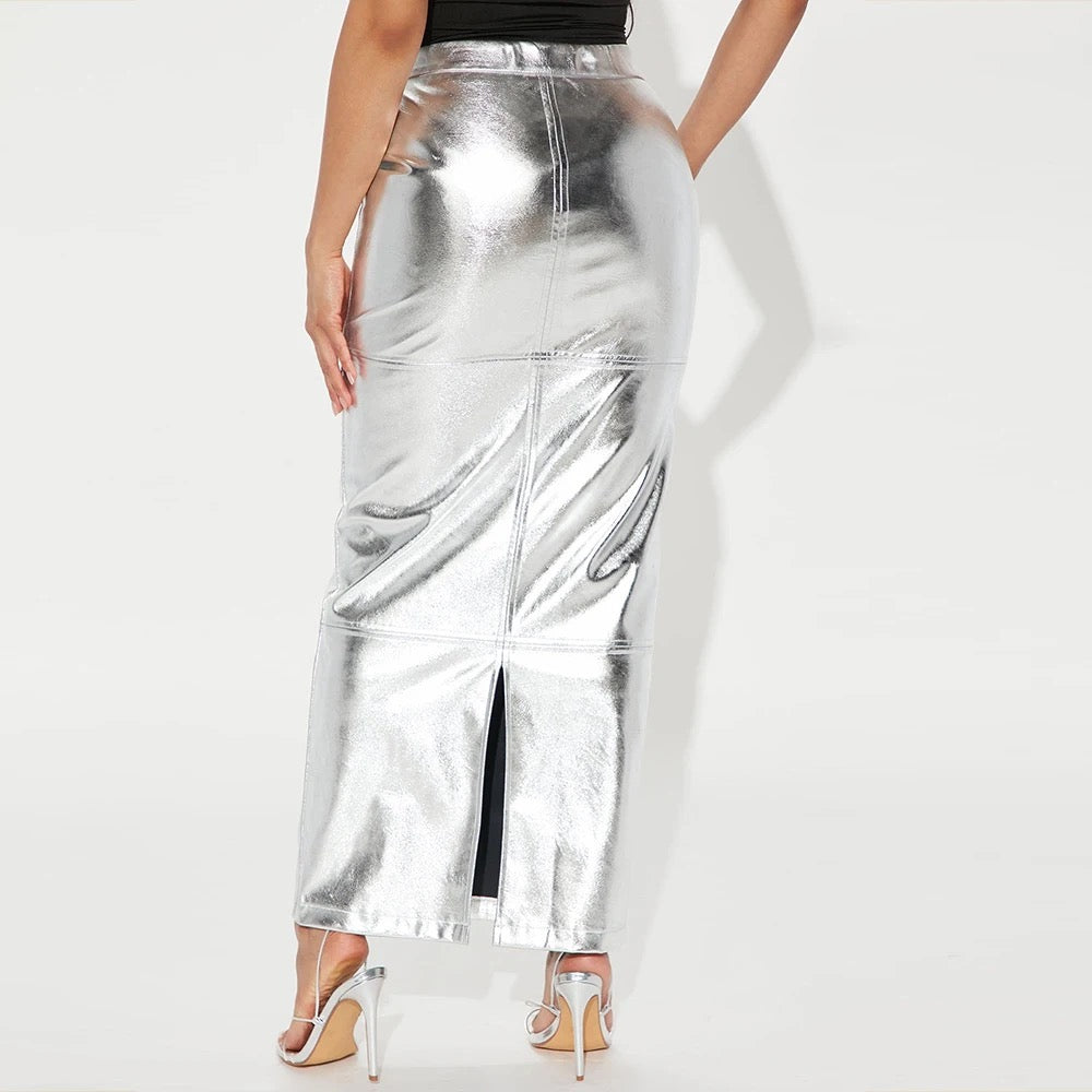 Metallic High Waist Maxi Skirt