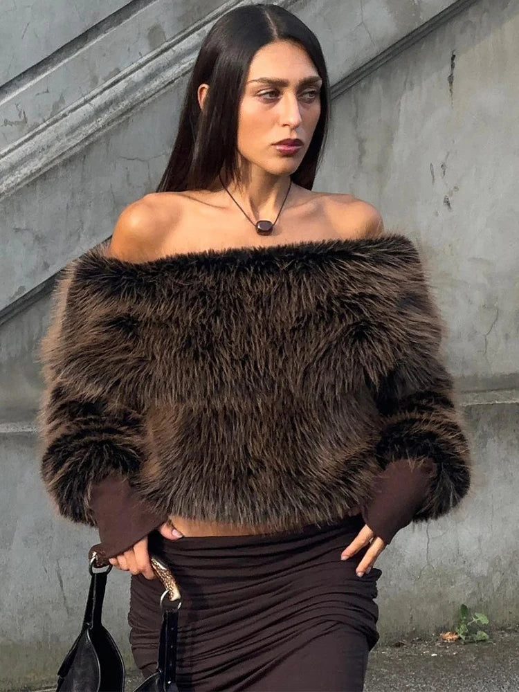 Chic Faux Fur Off Shoulder Top