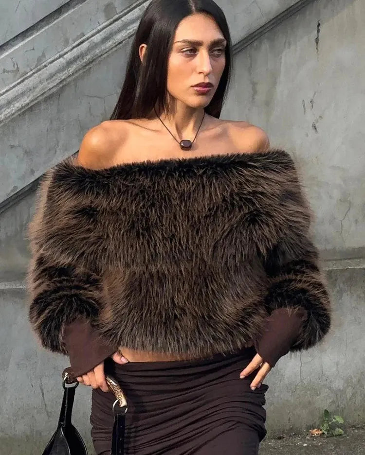 Chic Faux Fur Off Shoulder Top
