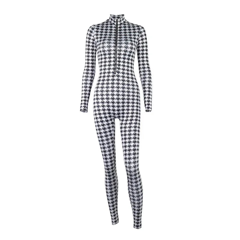 Houndstooth Zip Up Jumpsuit