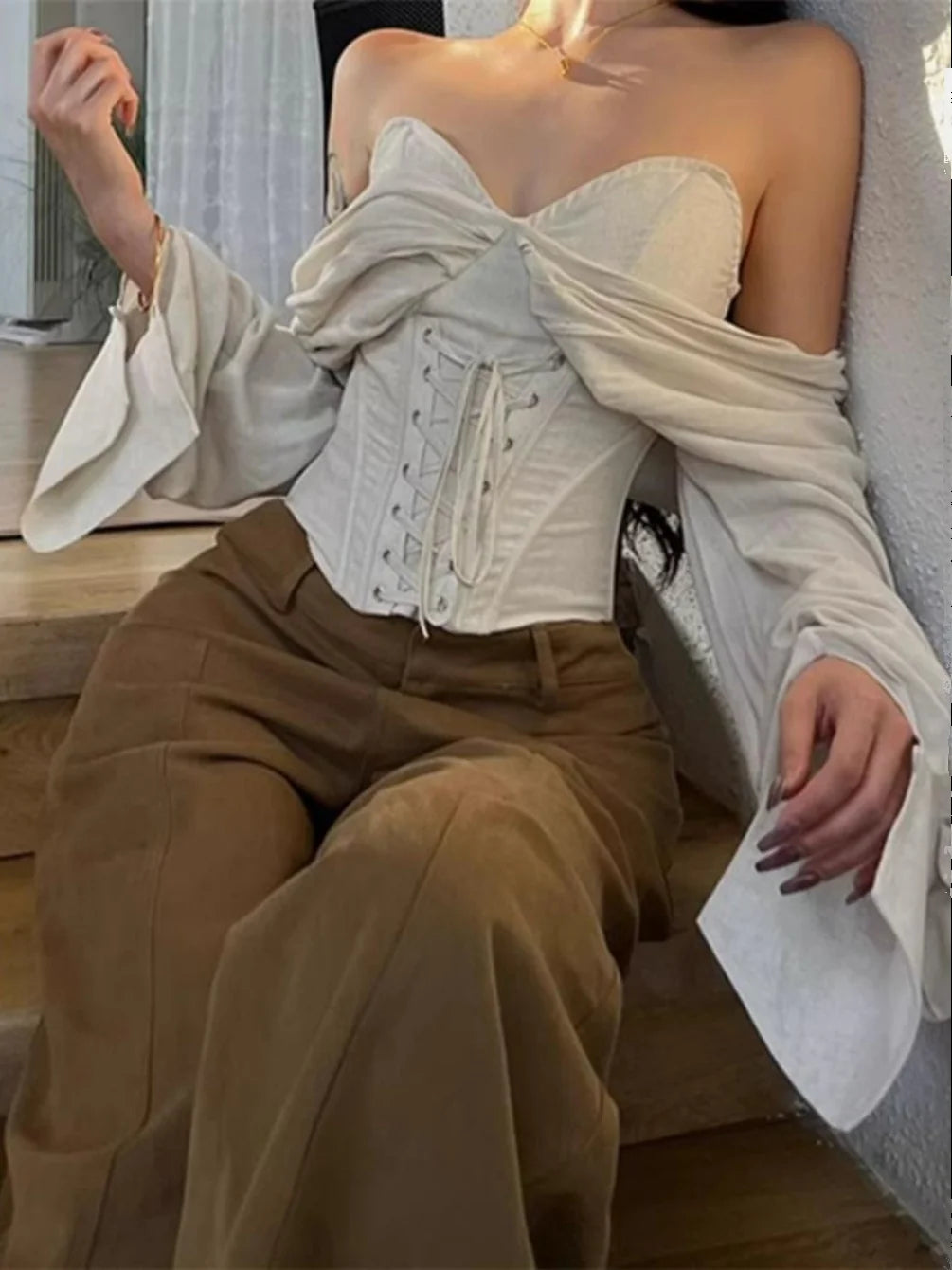 Khaki Off Shoulder Lace Up Corset