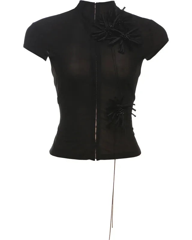 Black Sheer Mesh Tassel Top