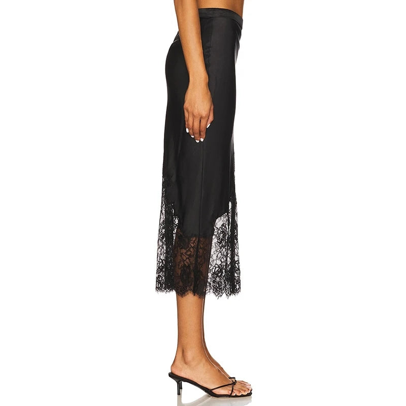Satin Lace Trim Maxi Skirt