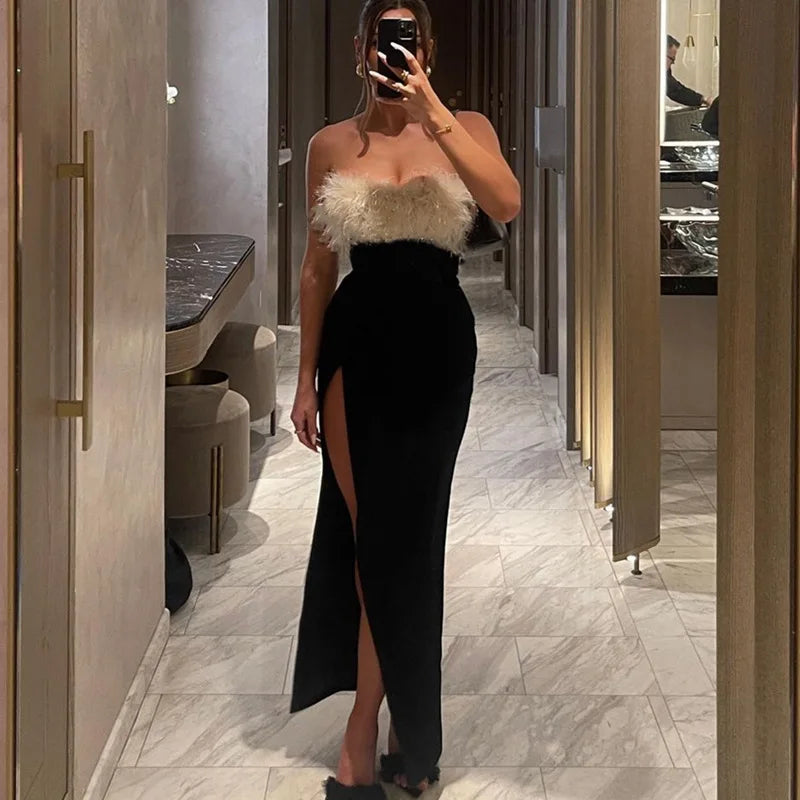 High Split Faux Fur Tube Dress