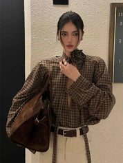 3D Floral Lace Up Plad Blouse
