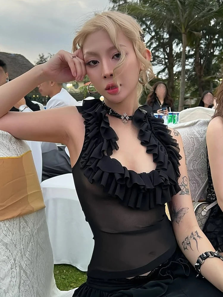Black Sheer Mesh Frilly Tank
