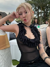 Black Sheer Mesh Frilly Tank