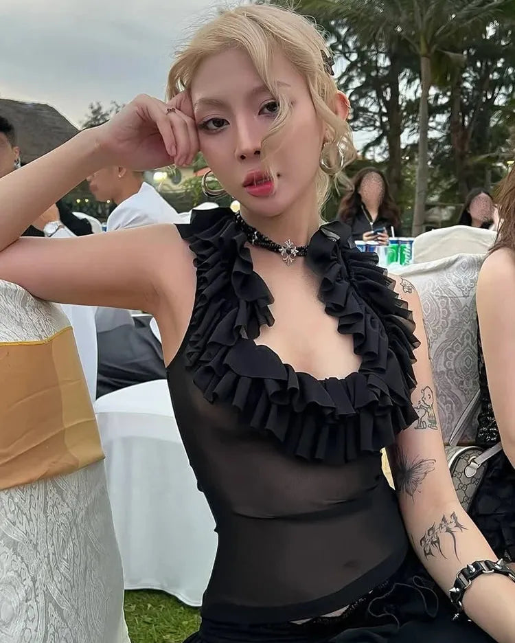 Black Sheer Mesh Frilly Tank