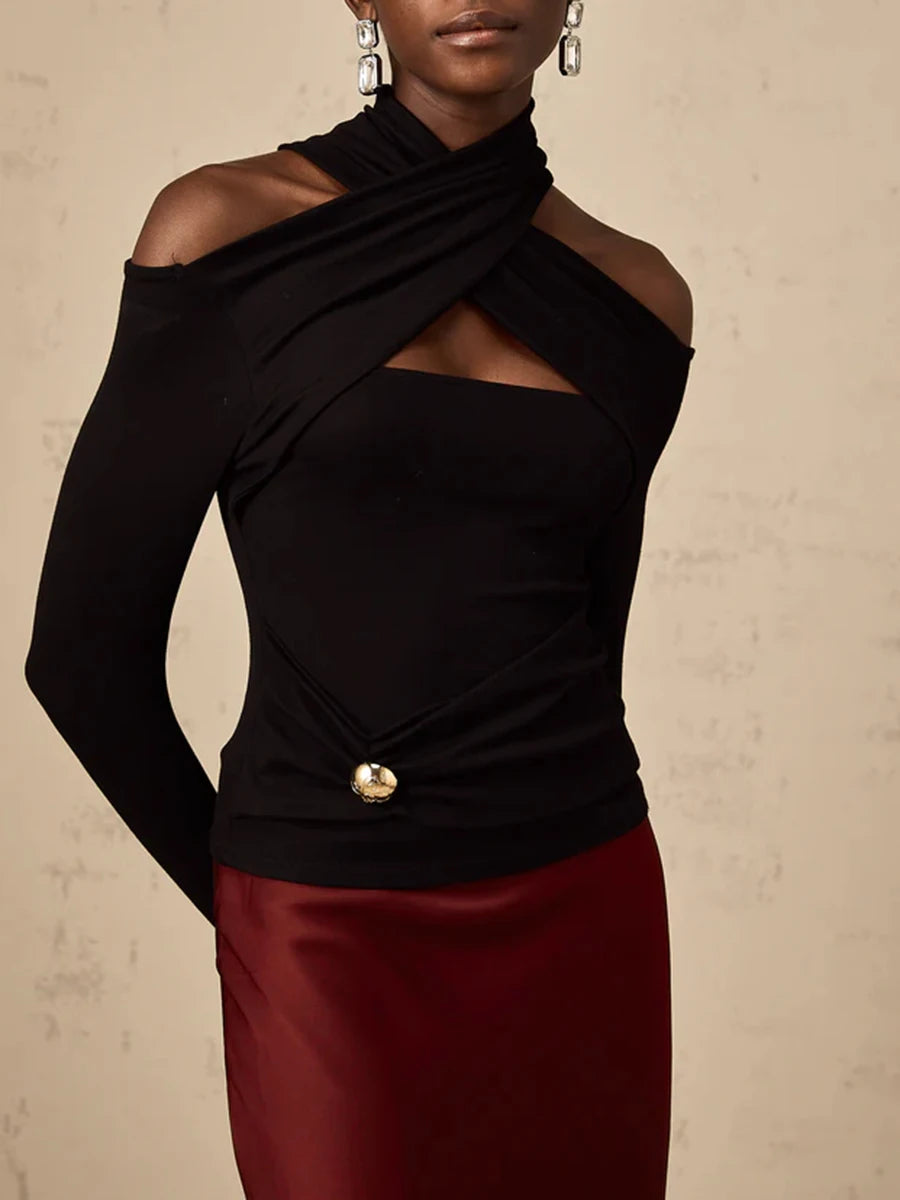 Criss Cross High Neck Knit Top