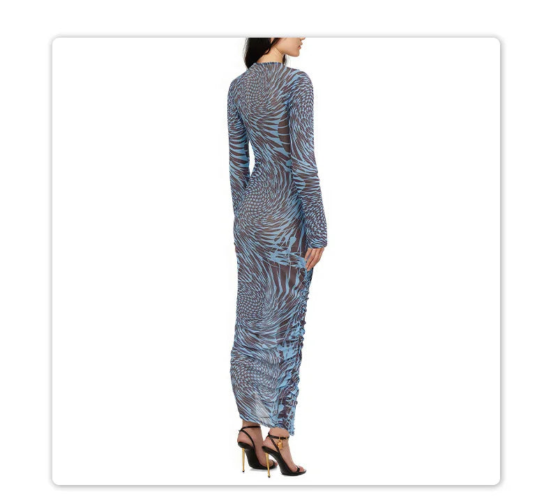Blue Swirl Mesh Maxi Dress