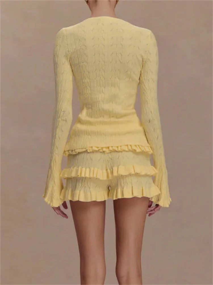 Knit Ruffled 2 Piece Short Set