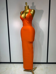 Orange V Neck Bandage Dress
