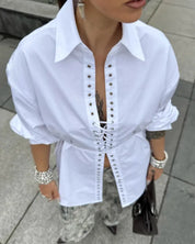 White Collar Lace Up Top