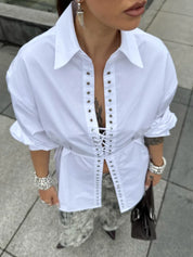 White Collar Lace Up Top