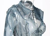 Denim Print Mesh Lace Up Top