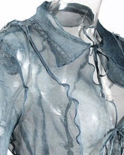 Denim Print Mesh Lace Up Top