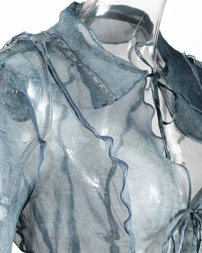 Denim Print Mesh Lace Up Top