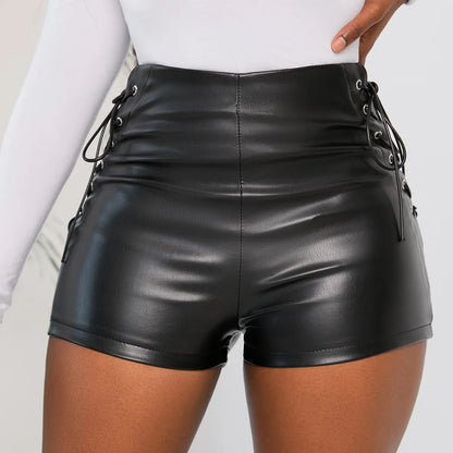 Faux Leather Lace Up High Waist Shorts