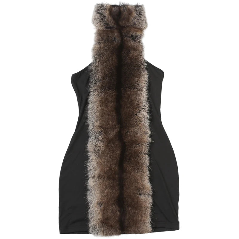 Faux Fur Mini Halter Dress