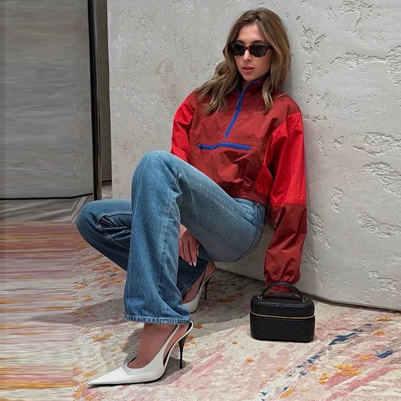 Retro Color Block Cropped Windbreaker