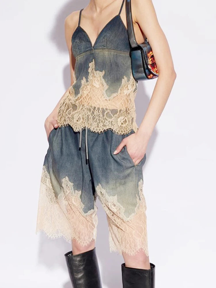 Lace Denim Two Piece Set