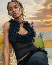 Black Sheer Mesh Frilly Tank