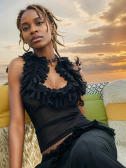 Black Sheer Mesh Frilly Tank