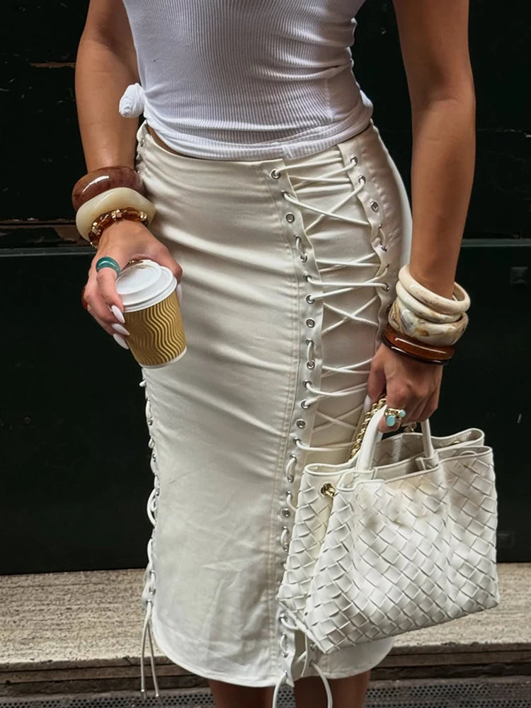 Off White Double Side Lace Up Midi Skirt
