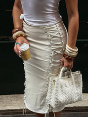 Off White Double Side Lace Up Midi Skirt