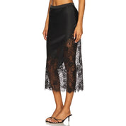 Satin Lace Trim Maxi Skirt