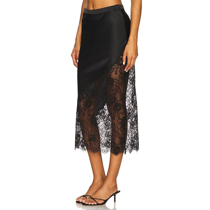 Satin Lace Trim Maxi Skirt
