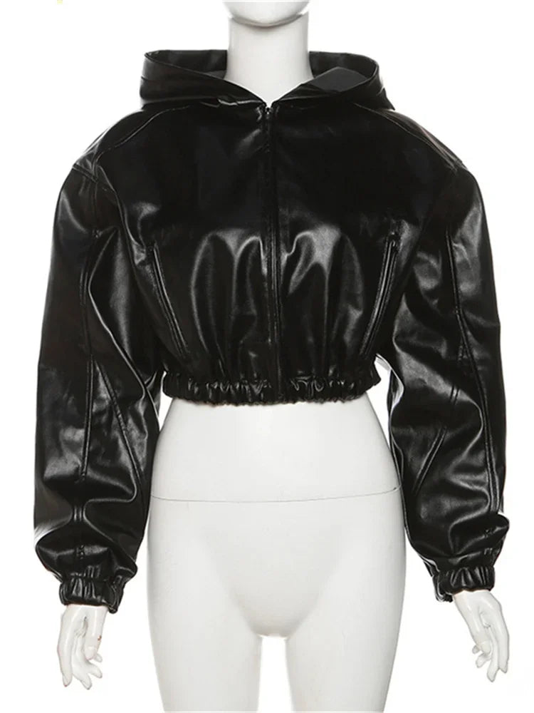 Faux Leather Cropped Bomber Jacket