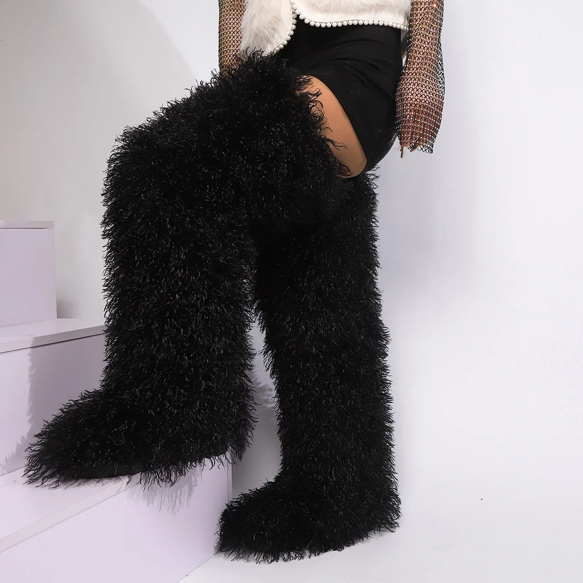 Mongolian Fur Thigh High Boots