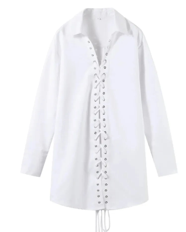 White Collar Lace Up Top