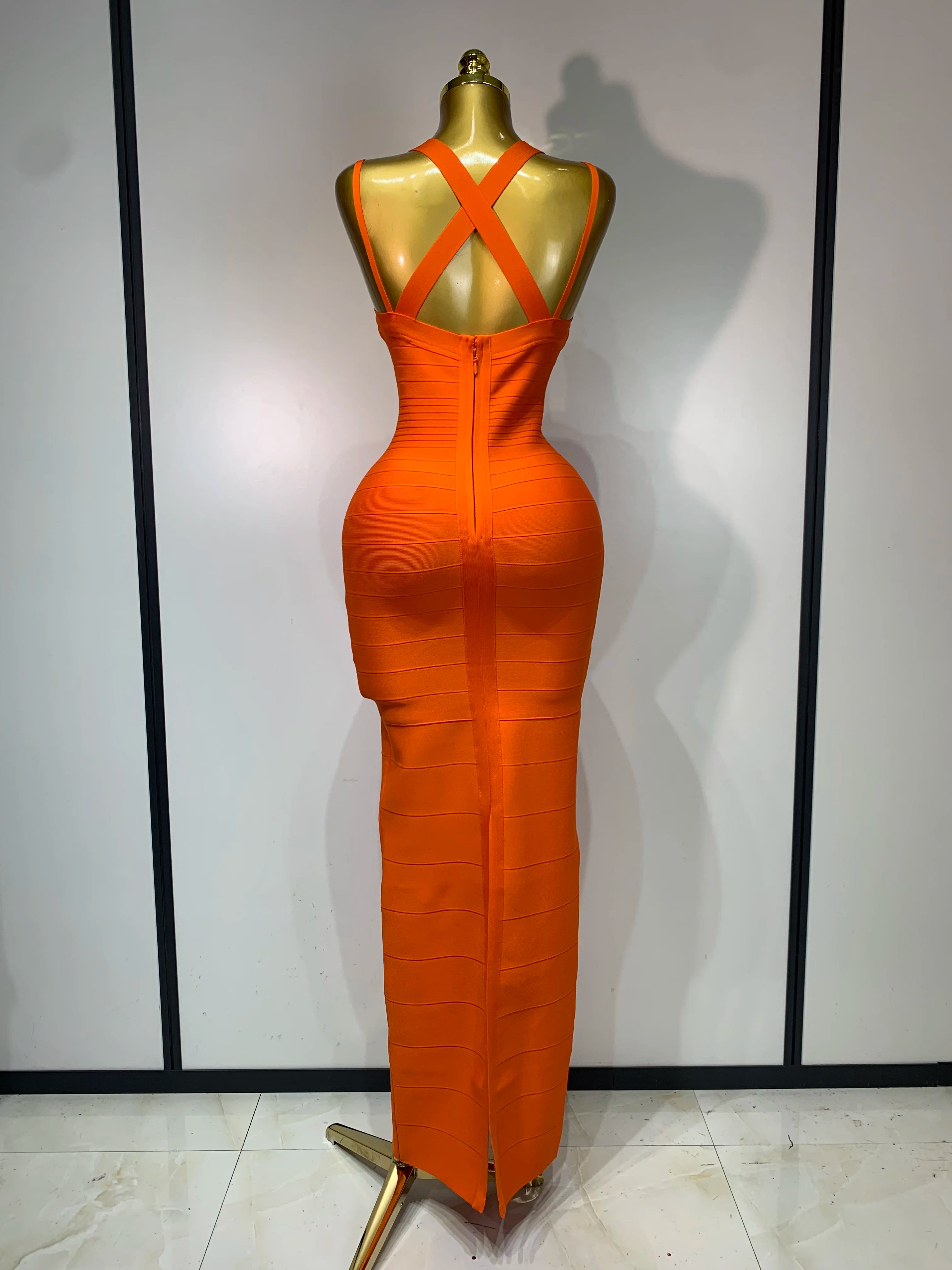Orange V Neck Bandage Dress