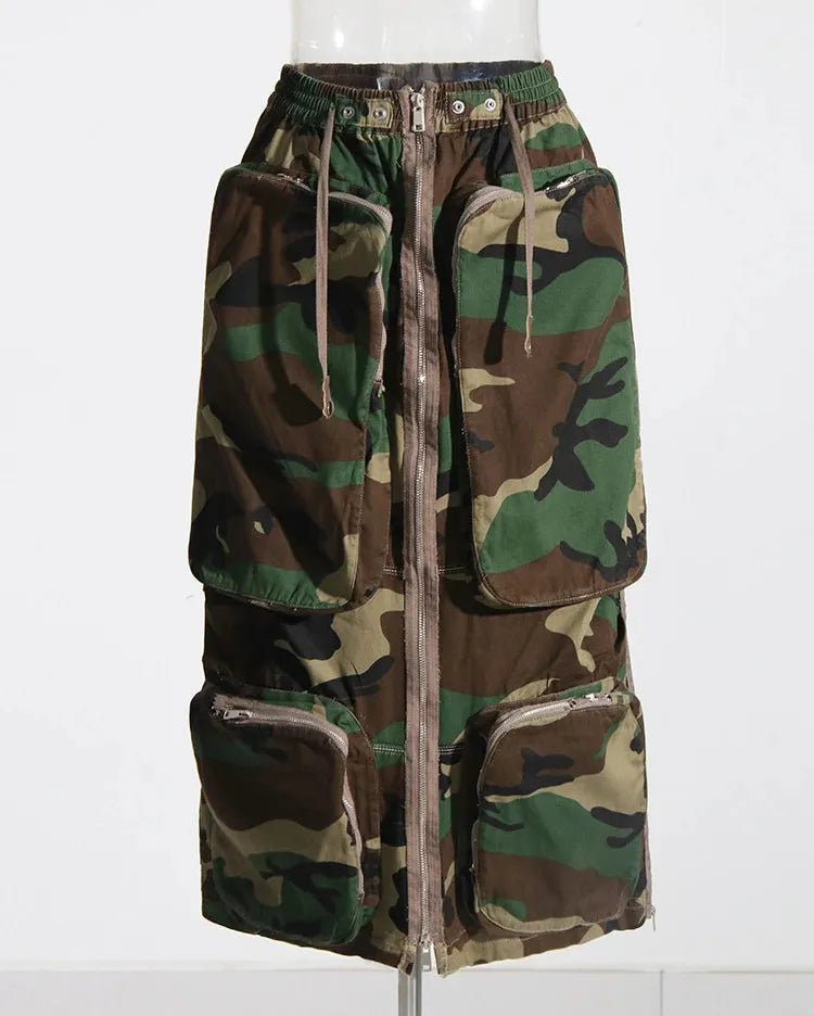 Zip Up Cargo Midi Skirt
