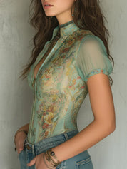 Vintage Floral Zip-up Top