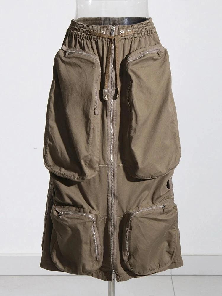 Zip Up Cargo Midi Skirt
