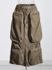 Zip Up Cargo Midi Skirt
